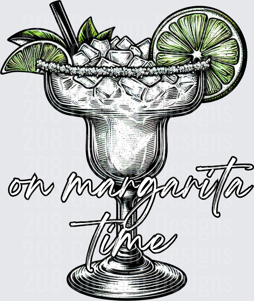 On Margarita Time Cocktail Glass with Lime Slices and Ice