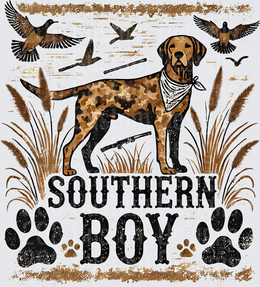 Southern Boy Hunting Dog with Bandana and Flying Ducks