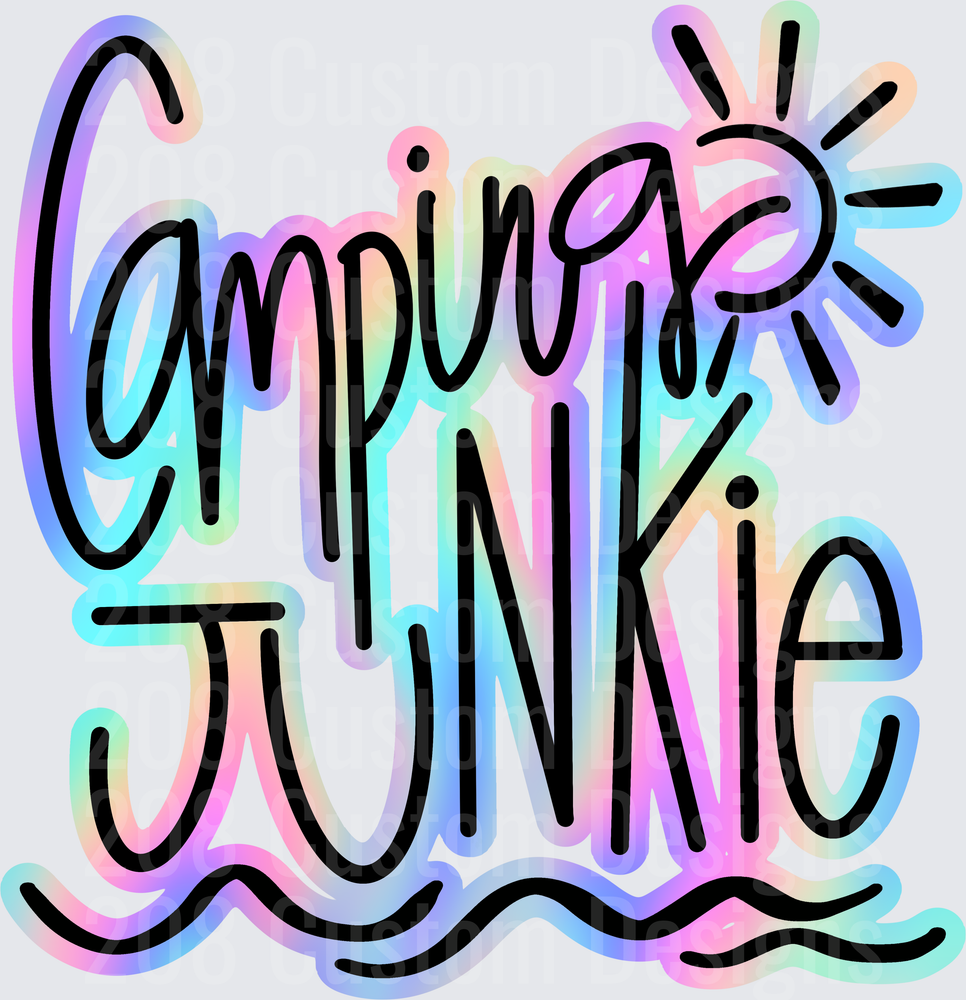 Camping Junkie Pastel Rainbow Gradient Lettering with Sun and Waves