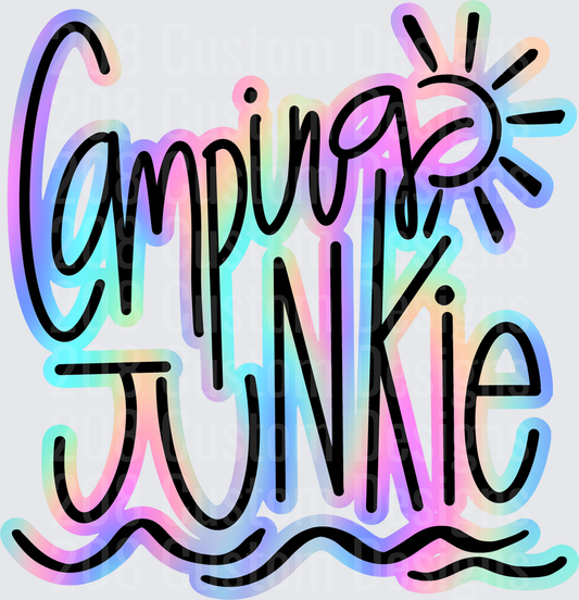 Camping Junkie Pastel Rainbow Gradient Lettering with Sun and Waves