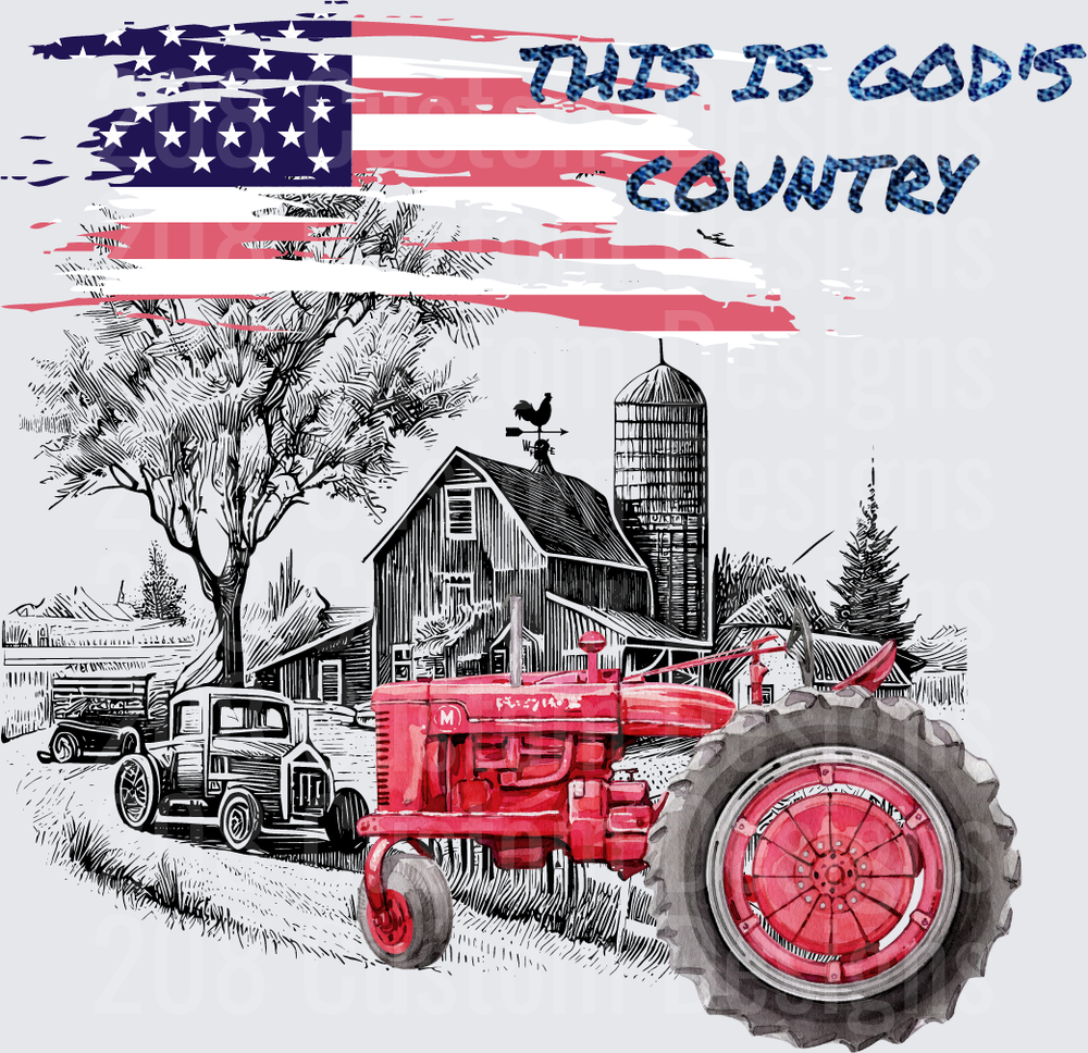This Is God's Country Red Tractor Farm Scene American Flag