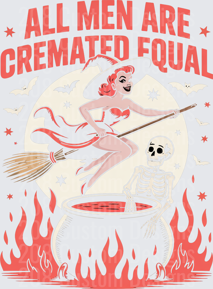 All Men Are Cremated Equal Retro Witch Pin-Up Skeleton Cauldron