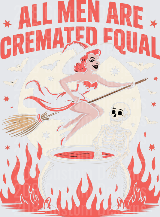 All Men Are Cremated Equal Retro Witch Pin-Up Skeleton Cauldron