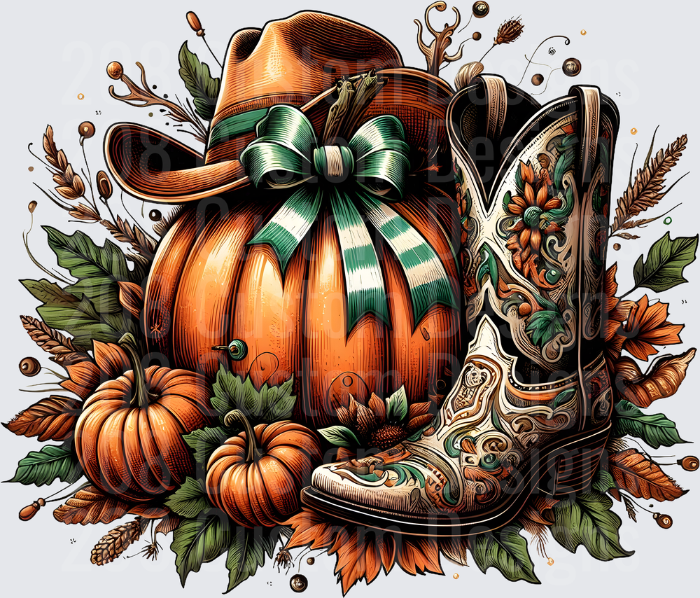 Western Cowboy Hat Pumpkin with Ornate Boots Fall Harvest