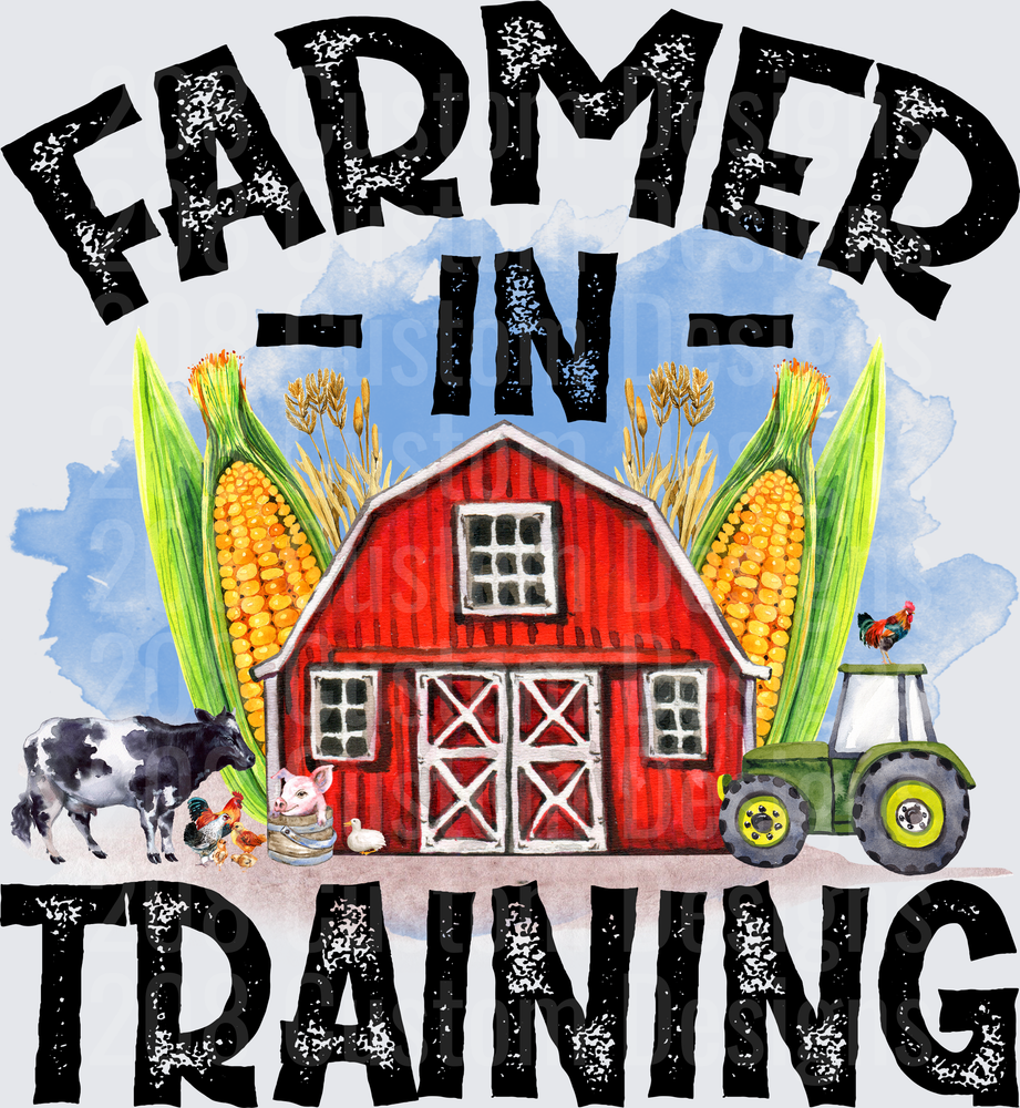 Farmer In Training Red Barn Tractor Corn Cow Farm Scene