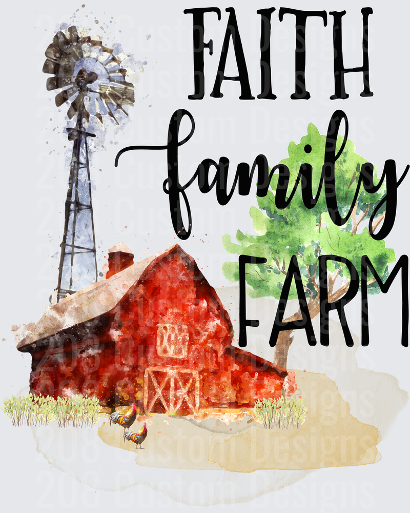Faith Family Farm Watercolor Red Barn Windmill and Chickens