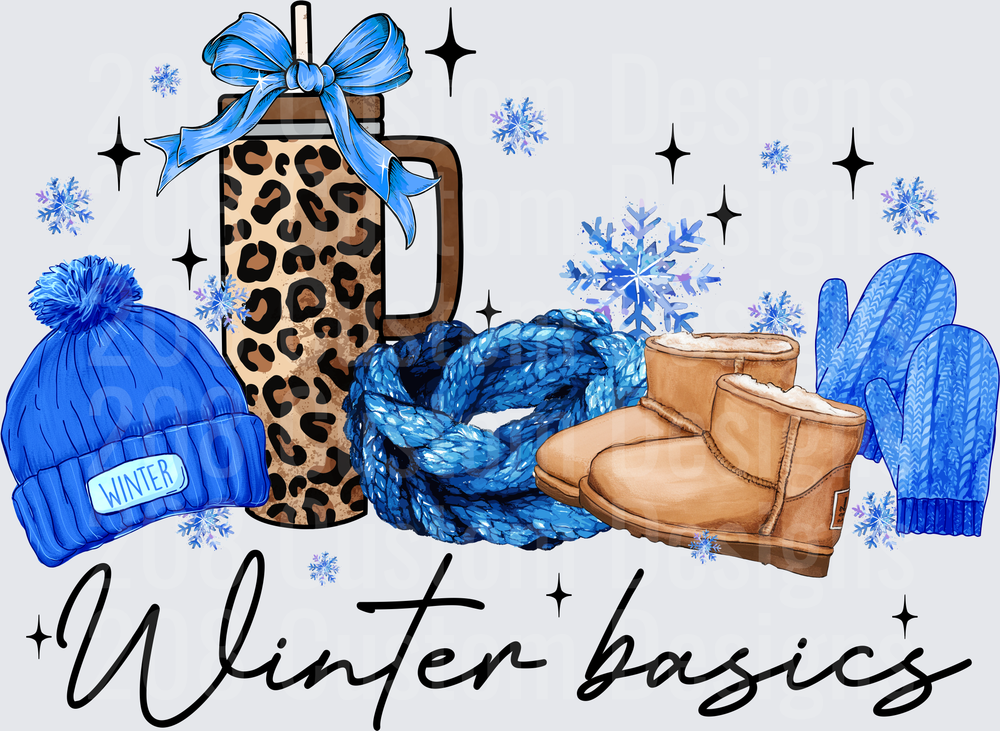 Winter Basics Leopard Print Mug Blue Beanie Boots Gloves