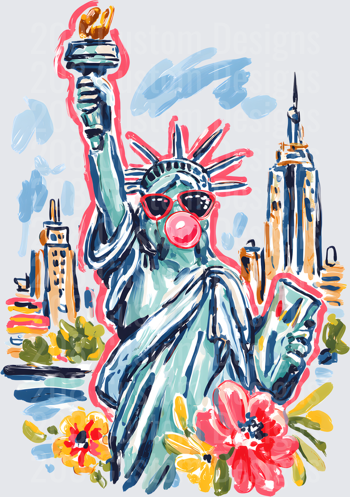 Statue of Liberty Wearing Sunglasses Blowing Bubblegum NYC Skyline