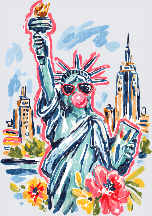 Statue of Liberty Wearing Sunglasses Blowing Bubblegum NYC Skyline