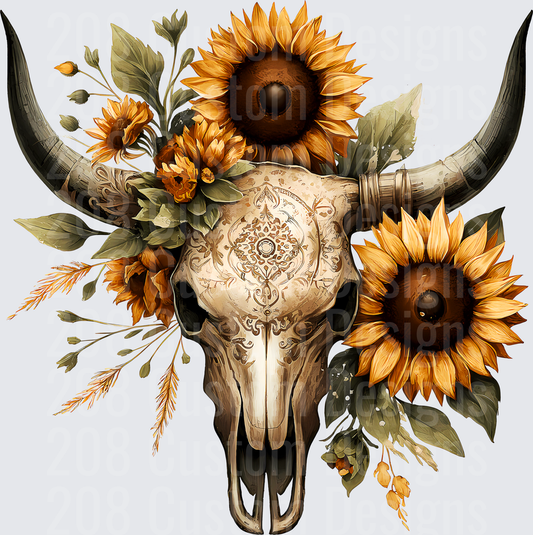 Ornate Bull Skull with Sunflowers and Mandala Design