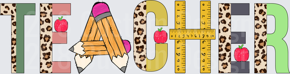 Leopard Print TEACHER Letters Pencils Ruler Apple Design