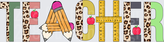 Leopard Print TEACHER Letters Pencils Ruler Apple Design