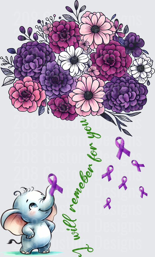 Elephant with Purple Floral Bouquet and Awareness Ribbons
