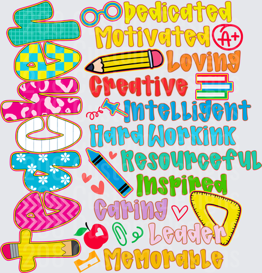 Colorful Teacher Appreciation Word Art with School Supply Icons