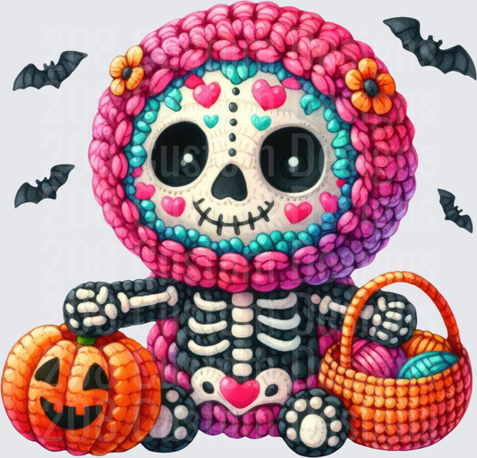 Crochet Sugar Skull Skeleton with Pumpkin and Bats Halloween