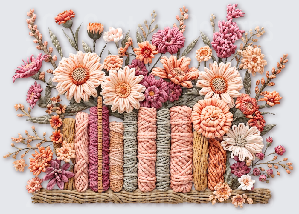 Macrame Floral Book Stack with Coral and Pink Blooms