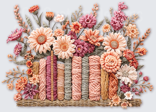Macrame Floral Book Stack with Coral and Pink Blooms