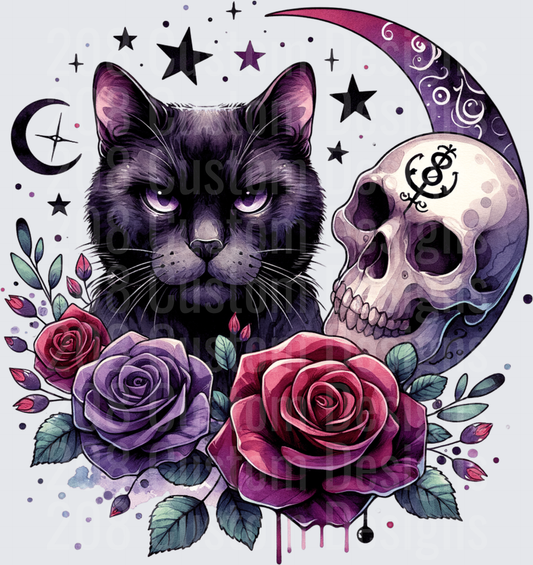Gothic Black Cat Skull Crescent Moon Purple Roses Stars