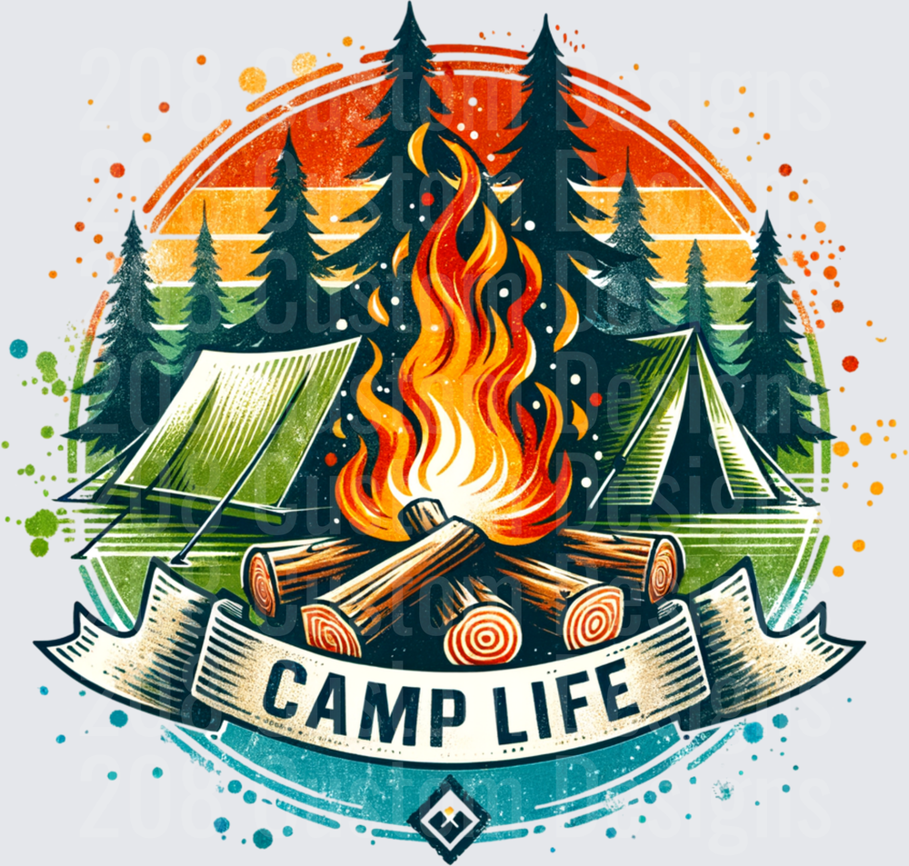 Camp Life Campfire and Pine Trees Retro Sunset Badge