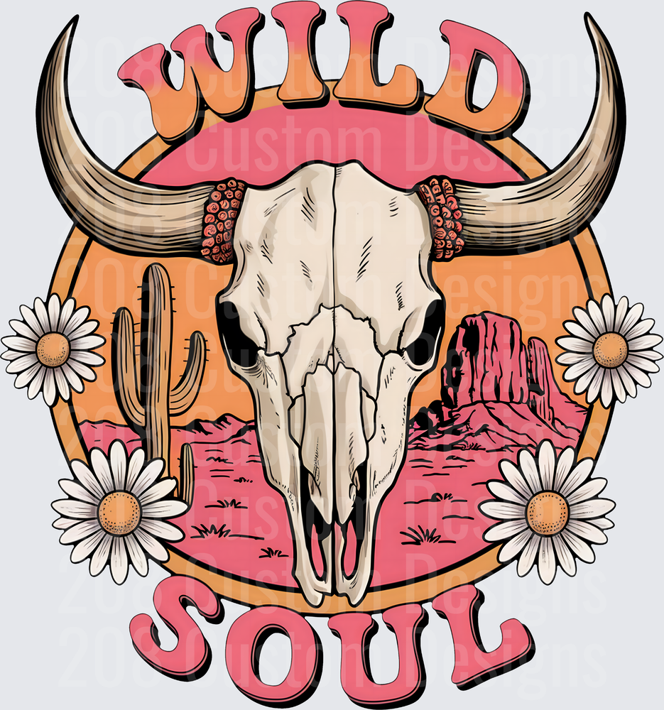Wild Soul Bull Skull Desert Landscape with Daisies