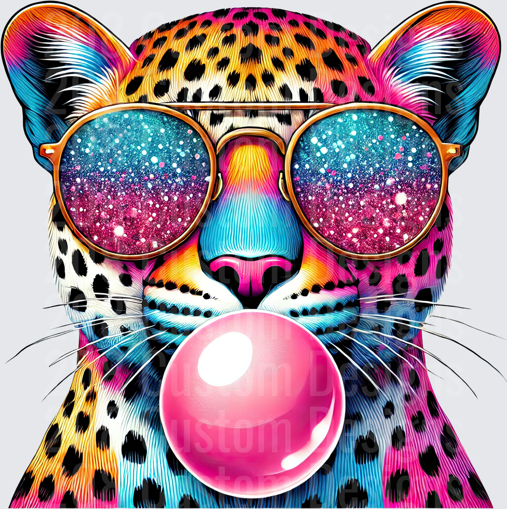 Rainbow Leopard Wearing Galaxy Sunglasses Blowing Pink Bubble Gum