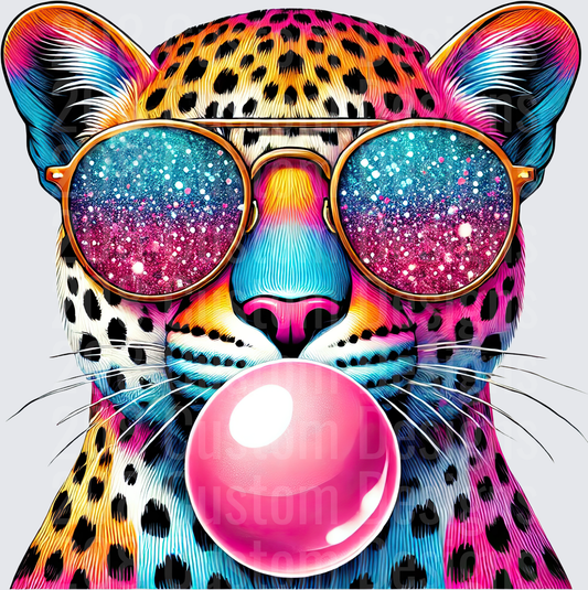 Rainbow Leopard Wearing Galaxy Sunglasses Blowing Pink Bubble Gum
