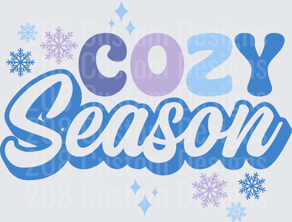 Cozy Season Winter Text with Blue Purple Snowflakes