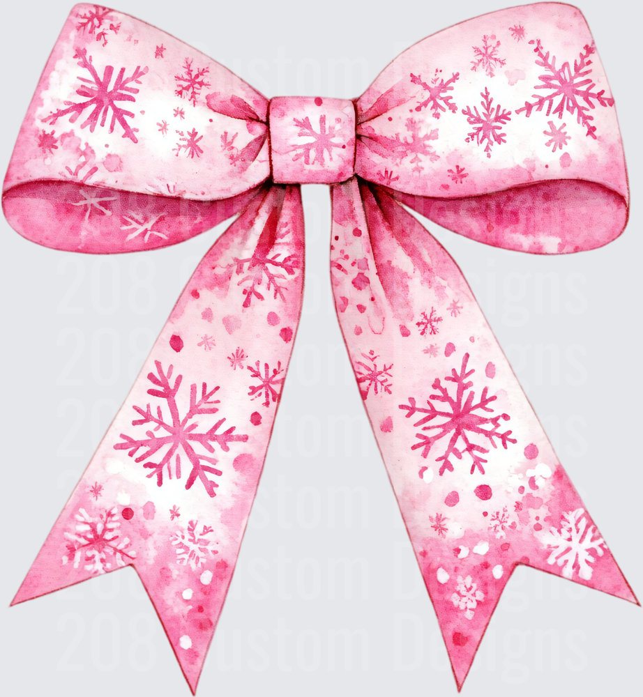 Pink Watercolor Christmas Bow with Snowflakes