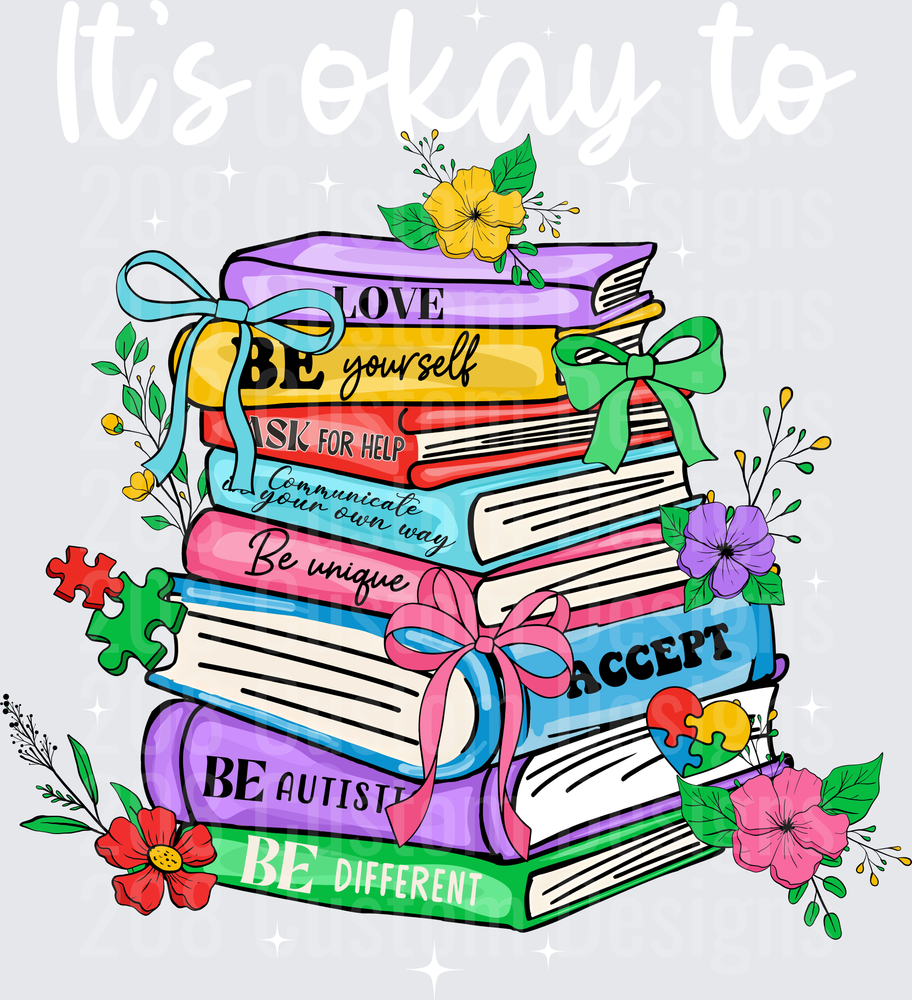Autism Awareness Book Stack with Inspirational Messages and Flowers