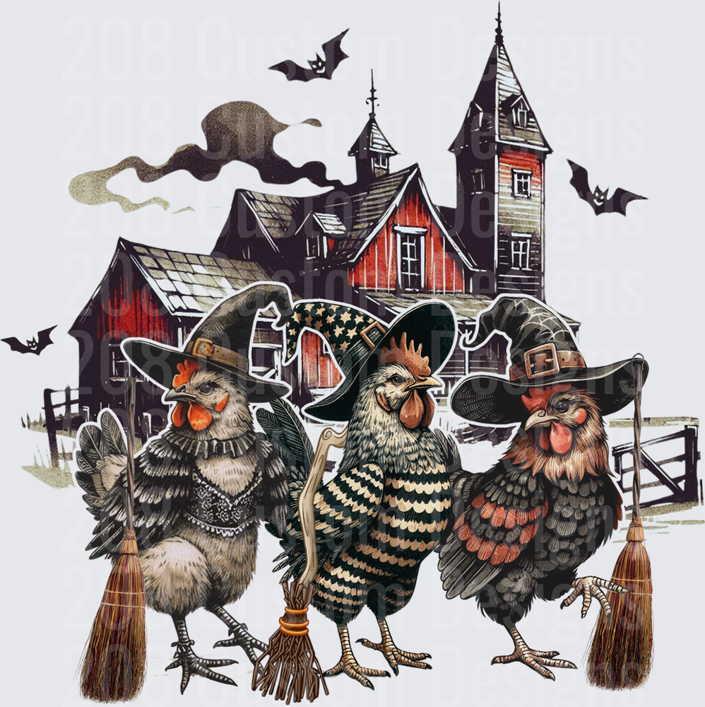 Three Halloween Witch Chickens with Brooms Haunted Farm Barn