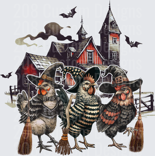 Three Halloween Witch Chickens with Brooms Haunted Farm Barn