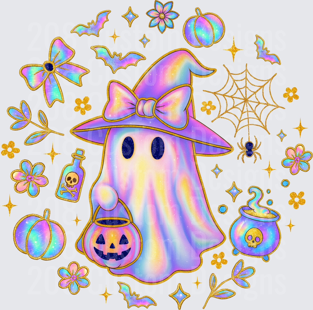 Pastel Holographic Halloween Ghost Witch with Jack-O-Lantern