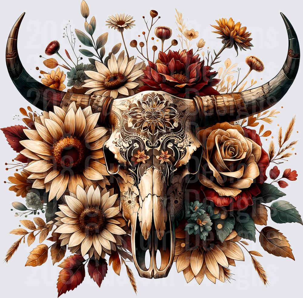 Ornate Bull Skull with Autumn Flowers and Decorative Mandala