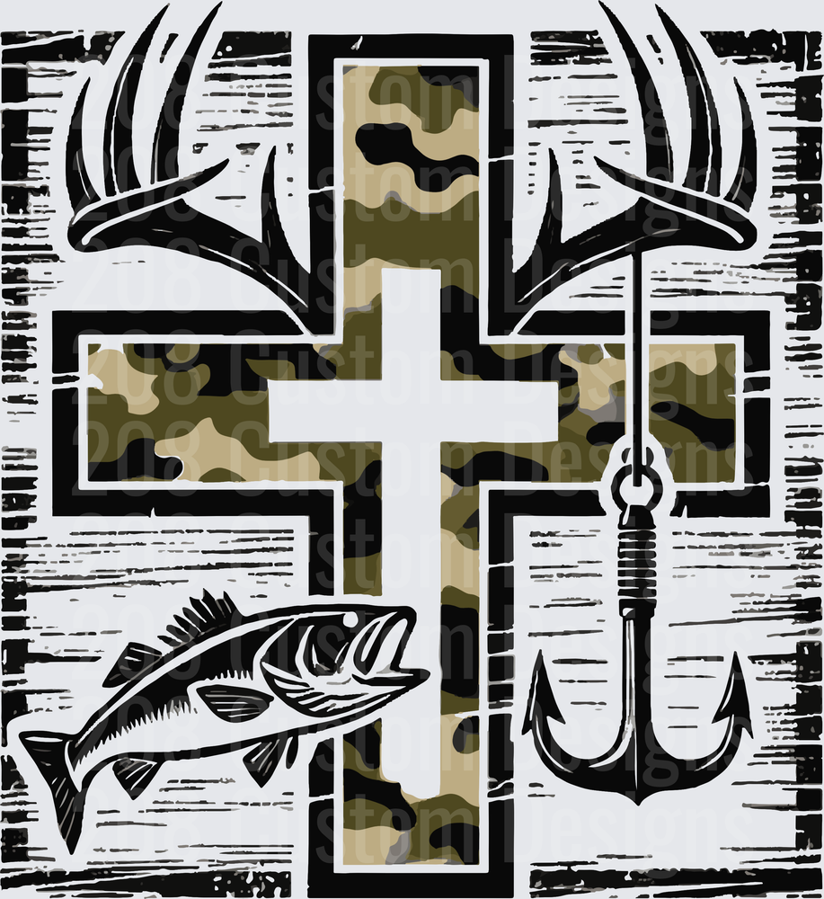 Camo Cross with Deer Antlers Bass Fish and Trident Design