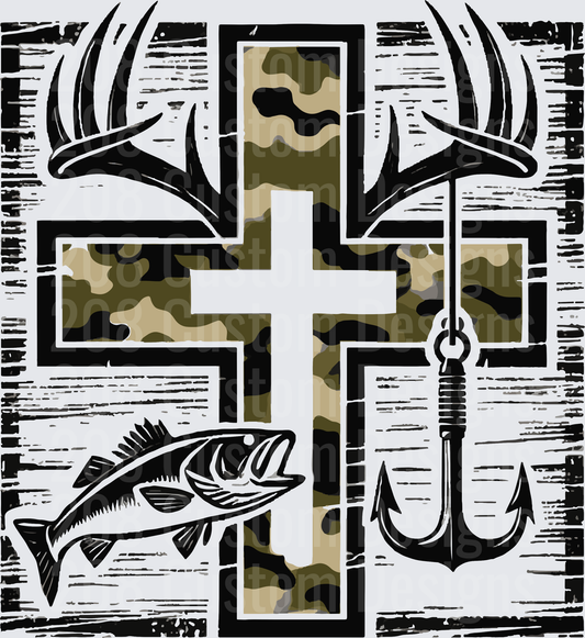 Camo Cross with Deer Antlers Bass Fish and Trident Design