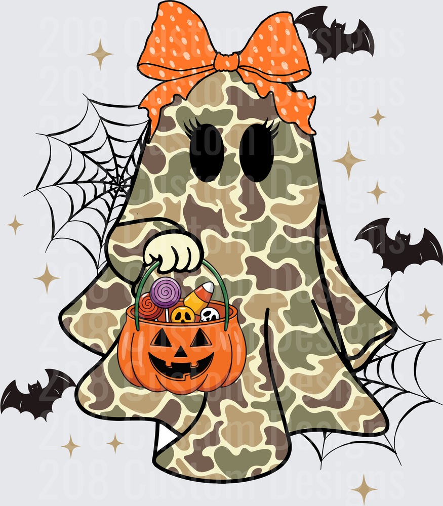 Camo Ghost Girl Orange Bow Halloween Candy Bucket Bats Web