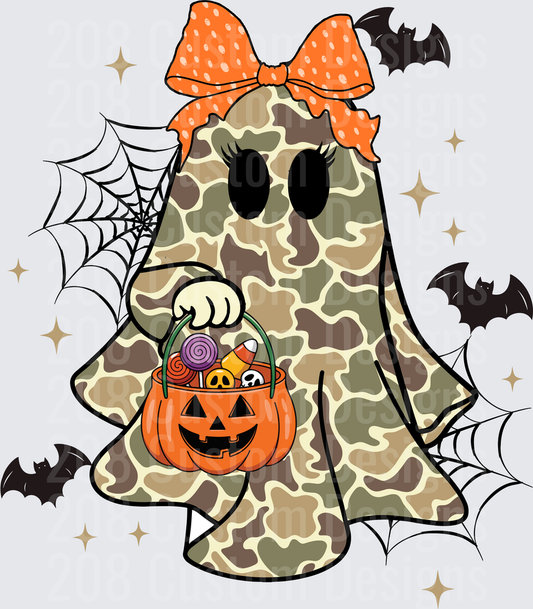Camo Ghost Girl Orange Bow Halloween Candy Bucket Bats Web