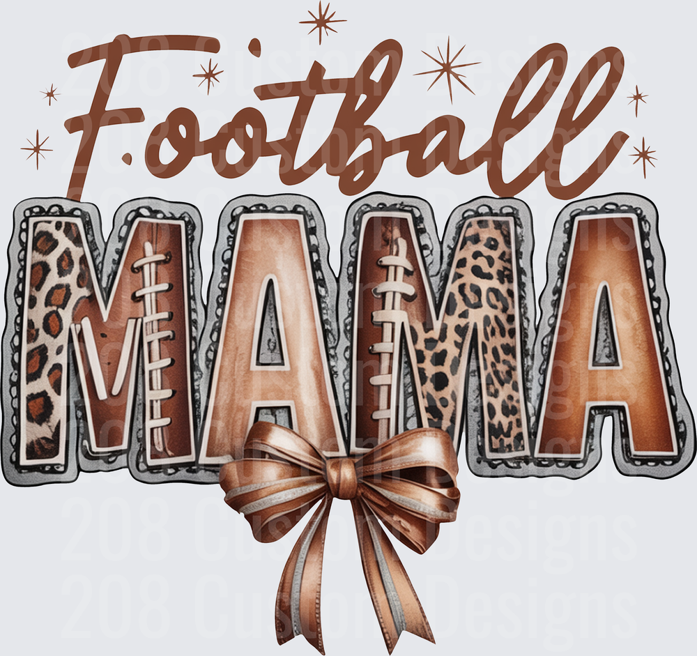 Football Mama Leopard Print Letters with Bronze Bow and Sparkles
