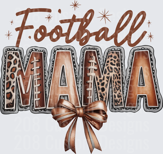 Football Mama Leopard Print Letters with Bronze Bow and Sparkles