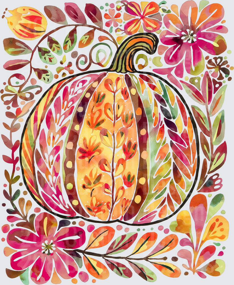 Watercolor Fall Pumpkin with Autumn Leaves and Flowers