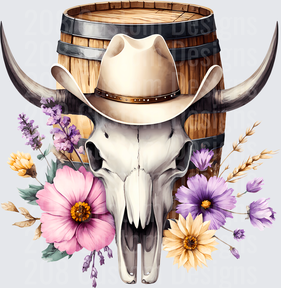 Western Bull Skull Cowboy Hat Whiskey Barrel Wildflowers