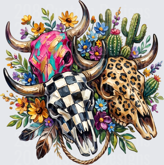 Triple Painted Bull Skulls Wildflowers Cactus Western Boho