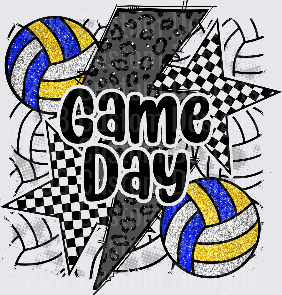Game Day Volleyball Blue Gold Glitter Leopard Lightning Bolt