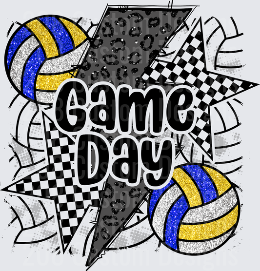 Game Day Volleyball Blue Gold Glitter Leopard Lightning Bolt