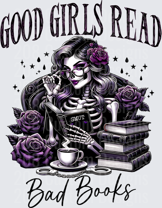 Good Girls Read Bad Books Skeleton Woman with Purple Roses