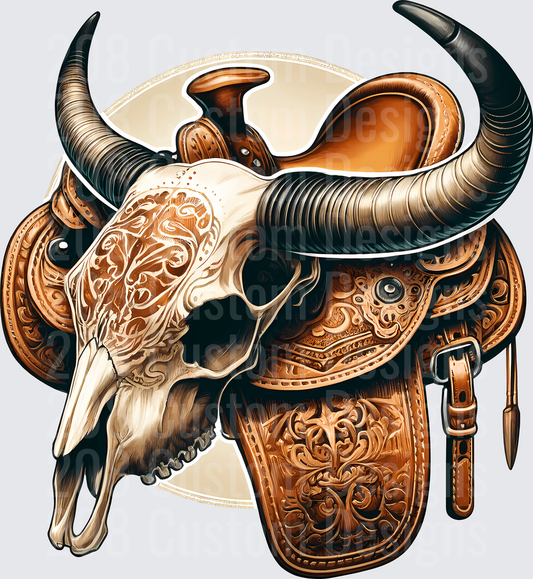 Western Bull Skull with Ornate Leather Saddle Design