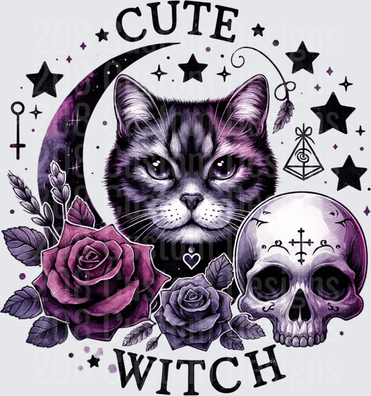Cute Witch Gothic Cat Skull Crescent Moon Purple Roses Stars