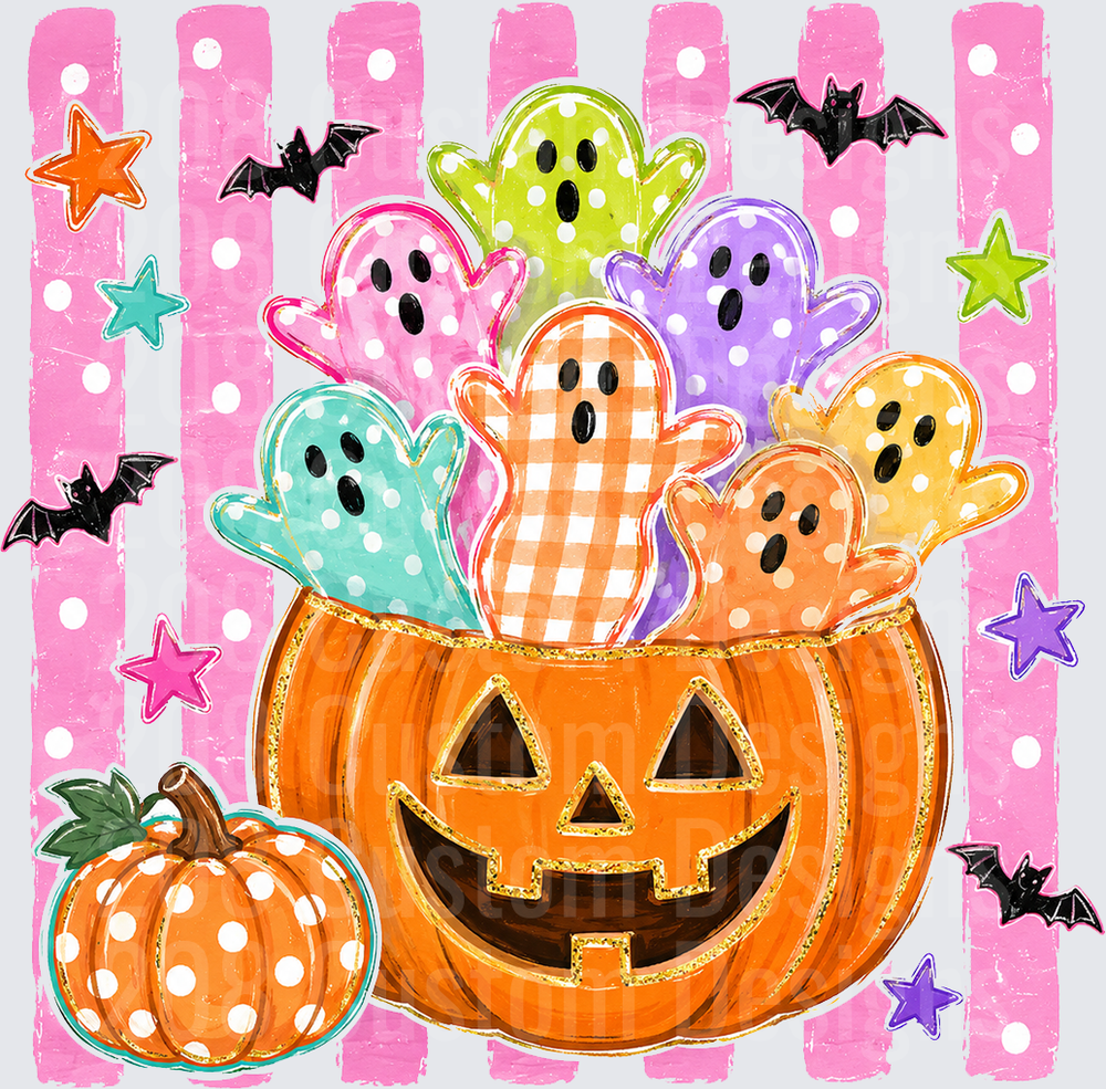 Colorful Polka Dot Ghosts Overflowing Jack-O-Lantern Halloween