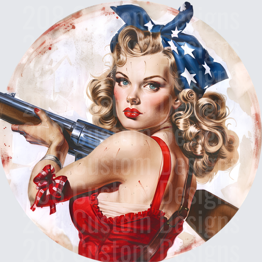 Pin-Up Girl with Shotgun and American Flag Bandana