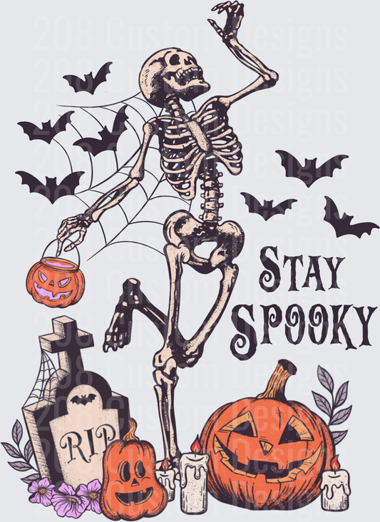 Stay Spooky Dancing Skeleton Halloween Graveyard Bats Pumpkins
